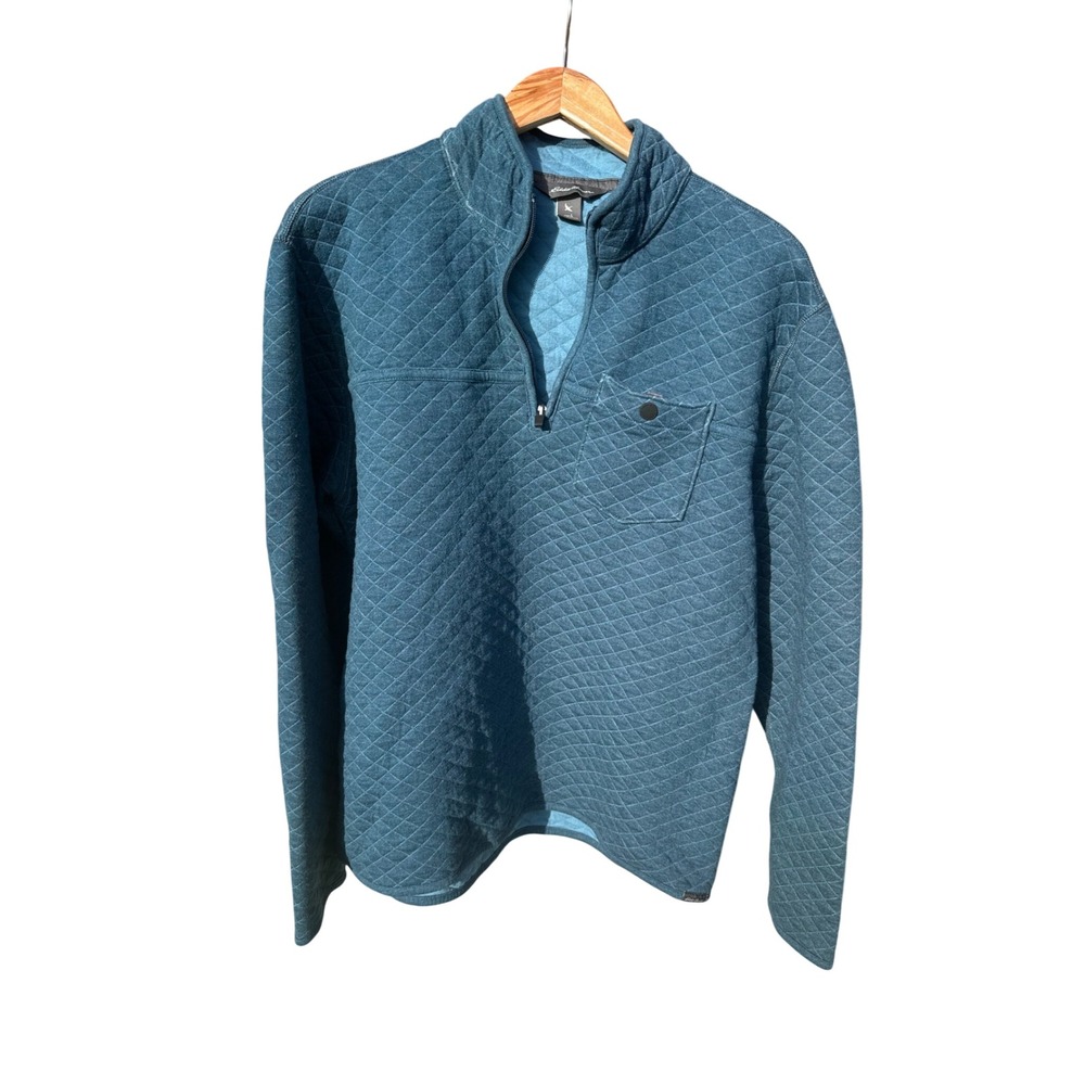 Eddie Bauer Mens Teal Blue Diamond Quilted Quarter Zip Pullover Sweater Large